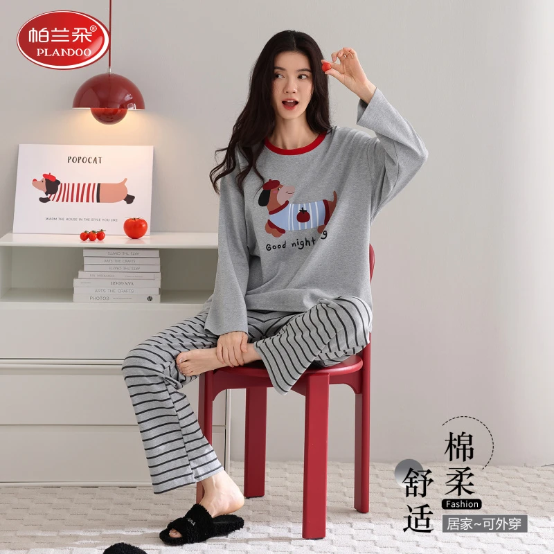 帕兰朵100%纯棉春秋季女士睡衣2026新款长袖卡通可爱风条纹家居服