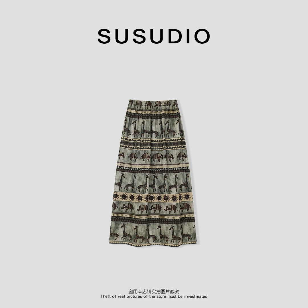 SUSUDIO 100人丝 夏季小象极简小众百搭显瘦松紧腰半身裙 40468