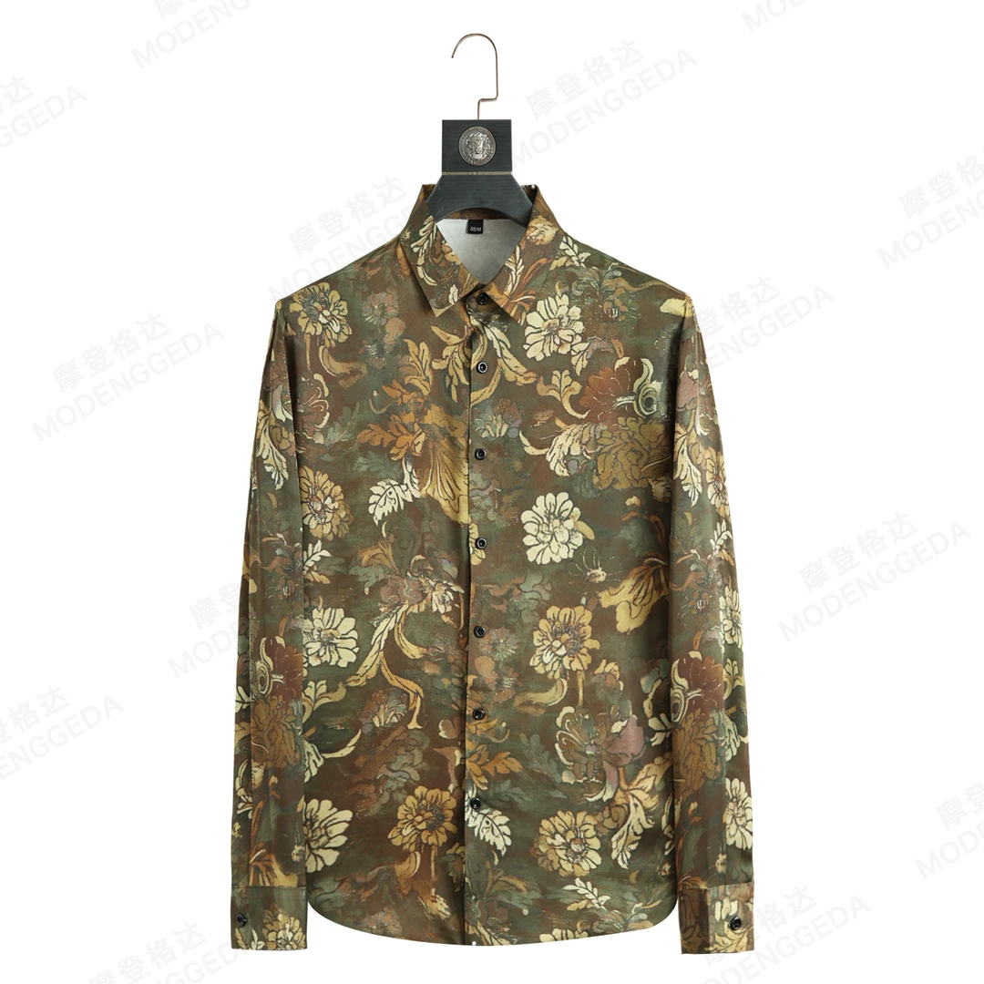 2025新款奢华港风碎花男士高端花衬衫休闲时尚冰丝免烫长袖衬衣