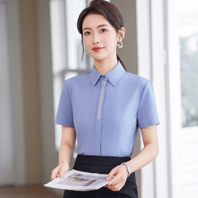 常规方领夏季都市风女衬衫短袖前台工装气质韩版通勤职业衬衫套装