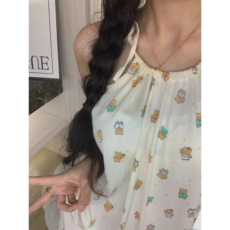 卡通小熊带胸垫吊带睡裙女款夏季爆款云朵棉性感纯欲睡衣裙家居服