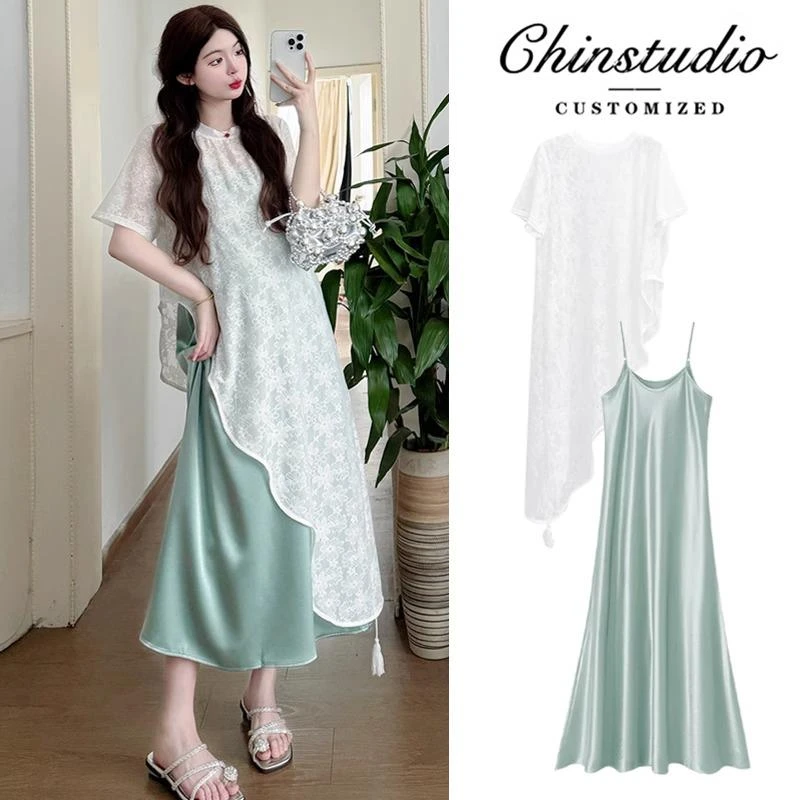 孕妇装夏连衣裙2025新款新中式不规则蕾丝罩衫法式吊带长裙两件套