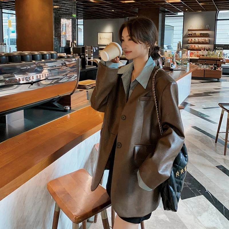 PU皮衣西装外套女2025春秋新款气质高级感衬衫拼接假两件西服上衣