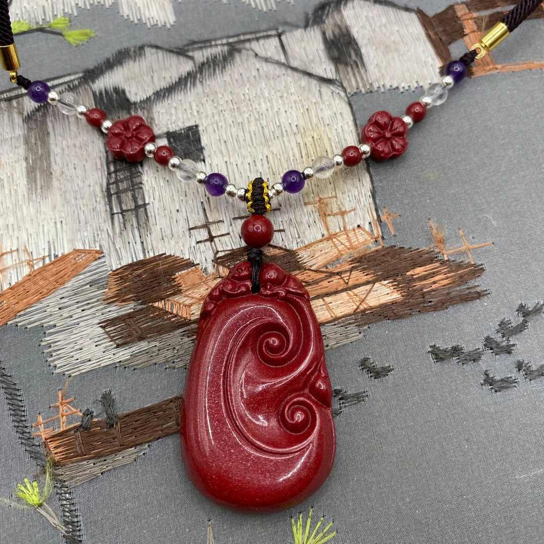 含辰砂工艺品高含量朱砂紫金砂设计款灵芝如意厚装吊坠