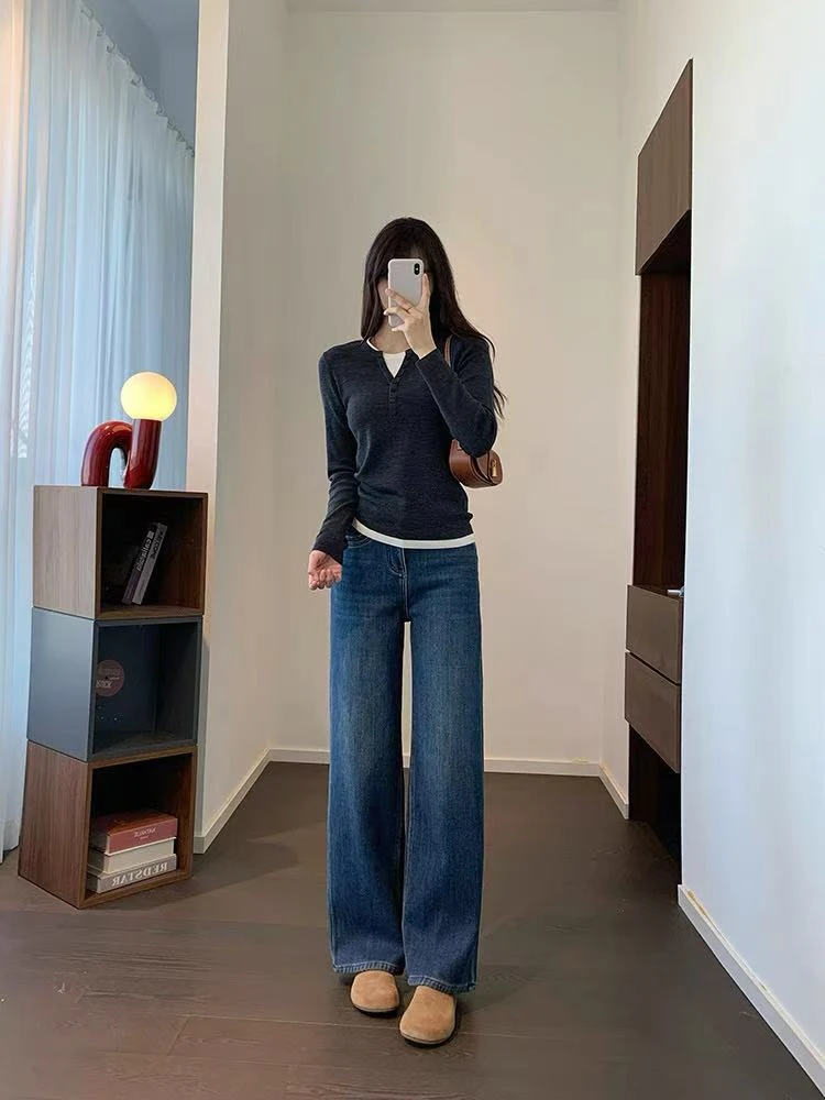 御寒加厚保暖高腰加绒直筒裤子宽松显瘦百搭小个子窄版阔腿牛仔裤