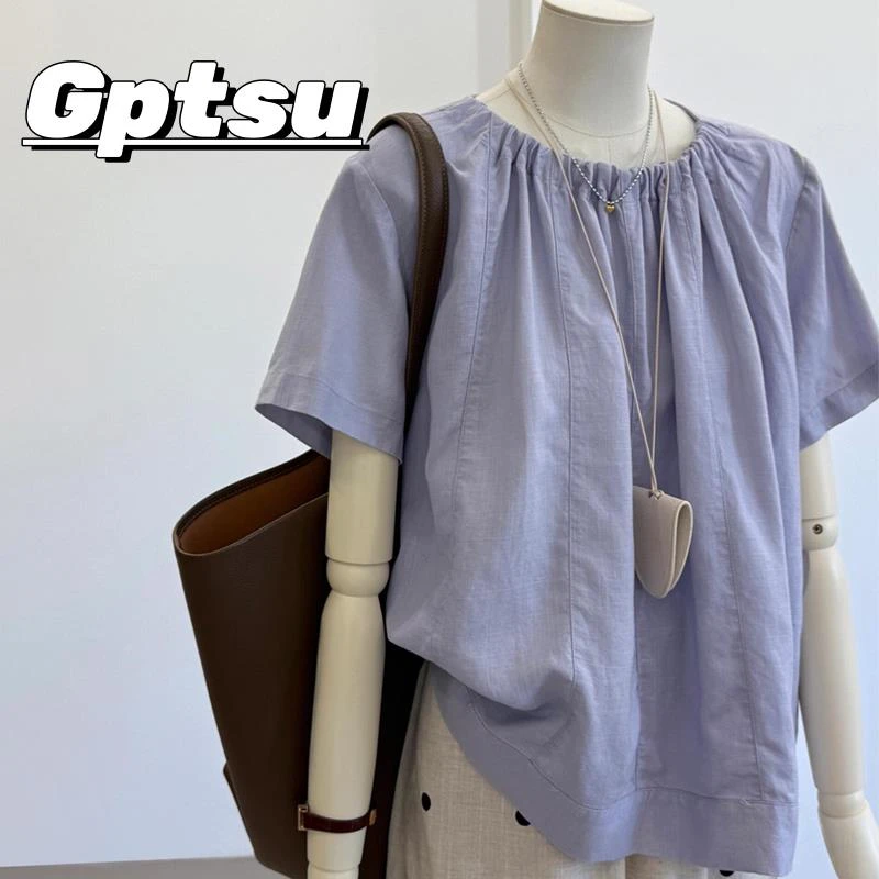 GPTSu韩系后背纽扣紫色短袖衬衫女夏季2025新款洋气减龄百搭上衣
