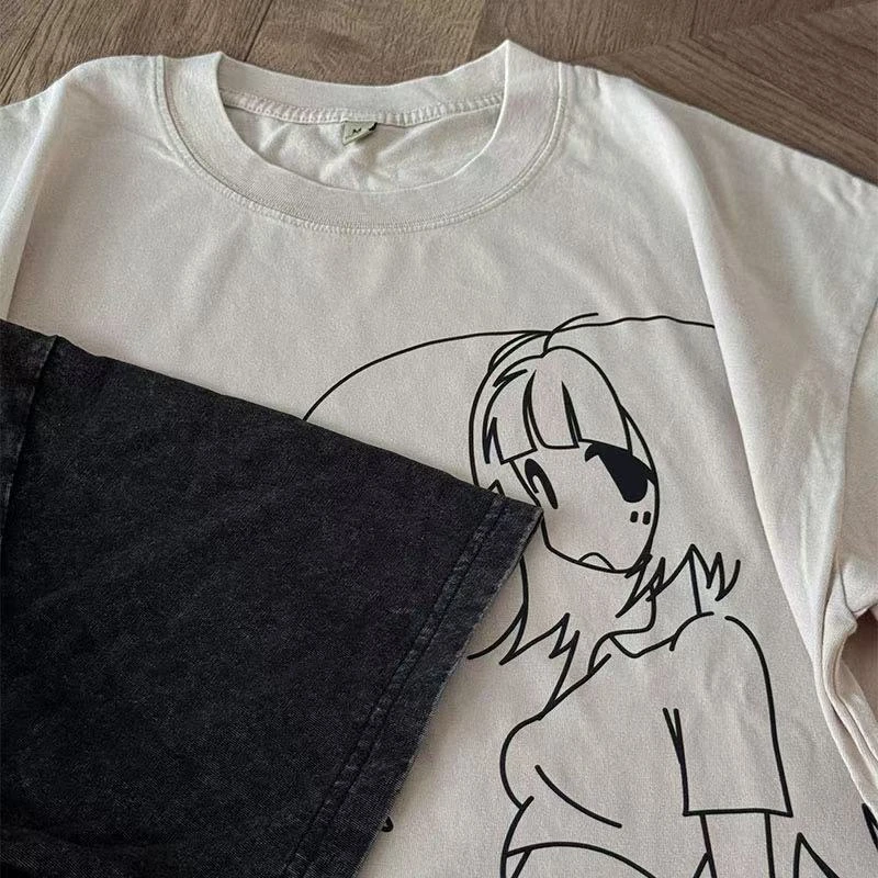 轻亚风少素描蜡染水洗色短袖亚文化宽松T恤短袖男女水洗做旧上衣