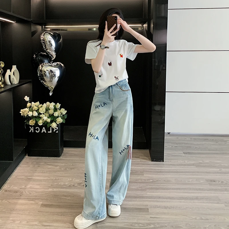夏季女装新款2025爆款时尚洋气白色刺绣显瘦短袖T恤休闲牛仔裤潮