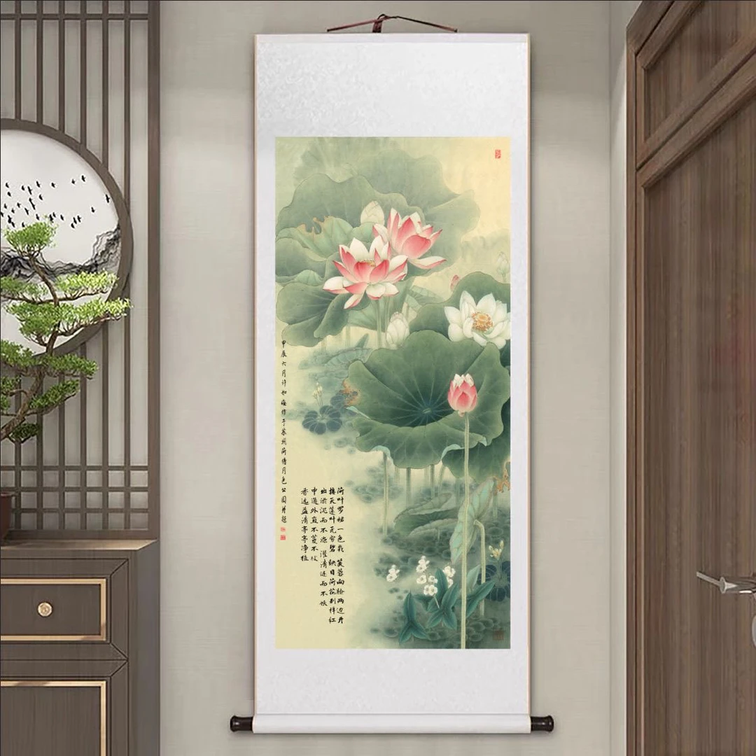 【现代高清微喷装饰画】荷塘红花（宽62，高160）