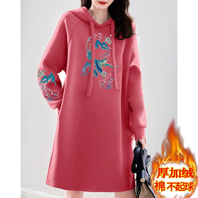轻奢不起球纯棉重工剌绣民族风加绒厚秋冬长袖连衣裙宽松卫衣裙子