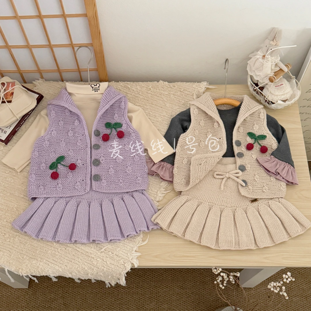 37#+56#纯色小樱桃豆豆花马甲+百褶裙材料包（不是成品）手工毛线