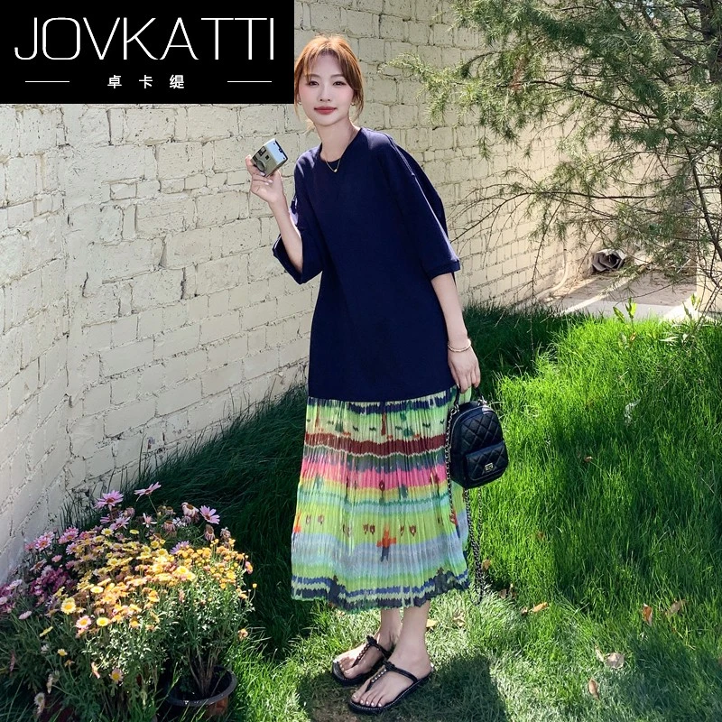 Jovkatti设计感拼接独特漂亮印花连衣裙女夏季2025新款法式气质