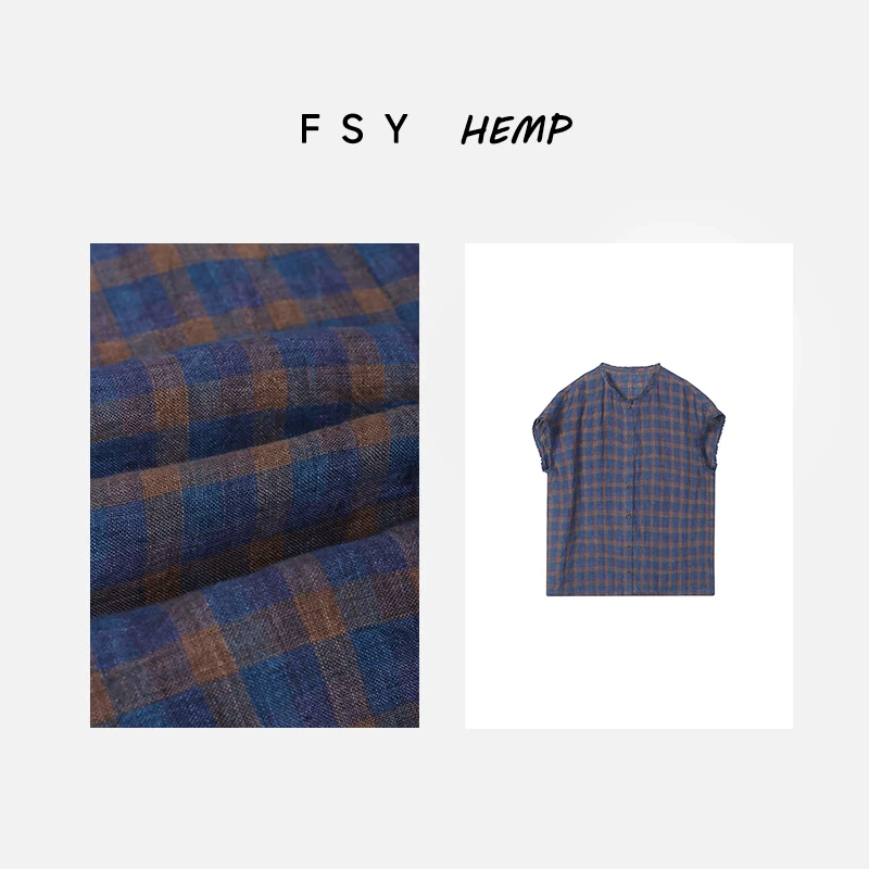 100%亚麻士林色织格子女士衬衫无袖清凉衬衣舒适木耳边2025033