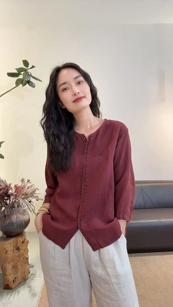 9396-亚麻衬衫宽松常规休闲圆领夏季成人中袖女士七分袖