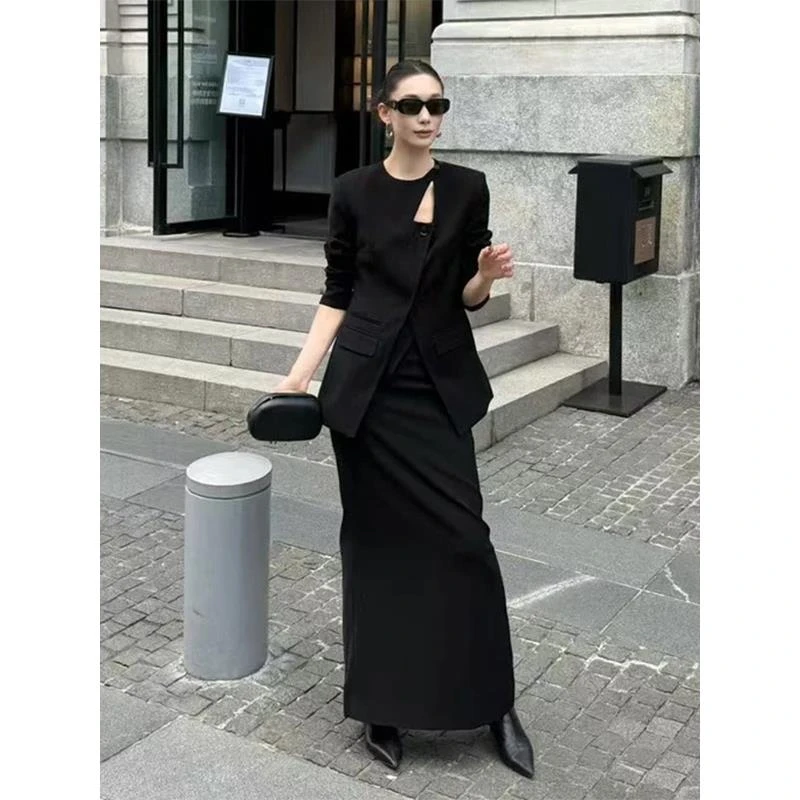 高智感穿搭姐系贵感休闲黑色镂空斜门襟西装外套职业套装裙女秋季