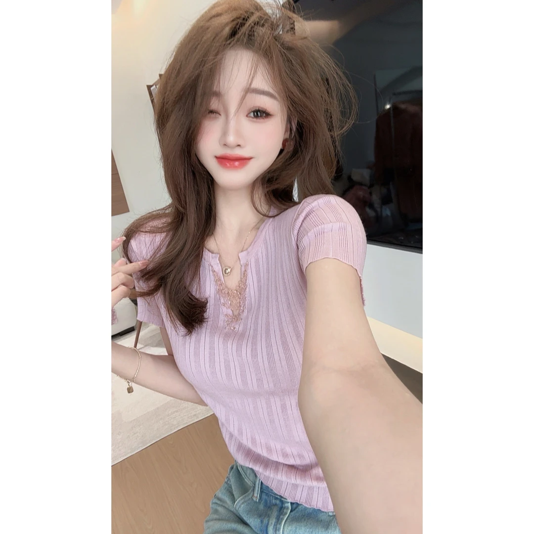 【陈陈私服】欧若风洋气设计感V领上衣粉色减龄短袖针织衫25032703