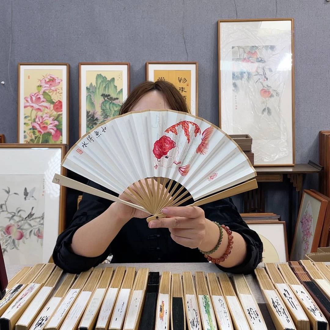 国画6寸玉竹-纯手绘-文玩扇骨（默认粘好）