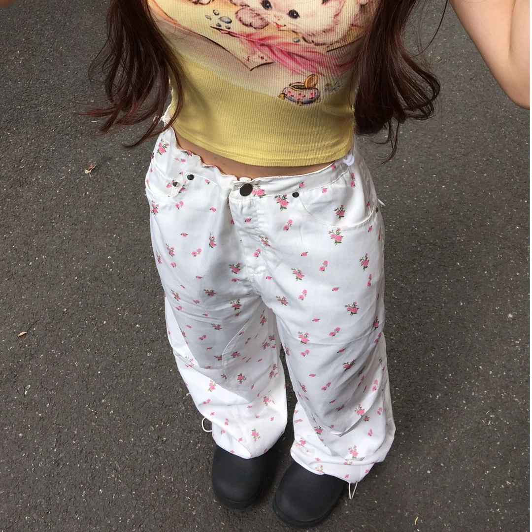 宋妍霏同款碎花抽绳白色工装裤女夏季设计感伞兵宽松休闲阔腿裤子