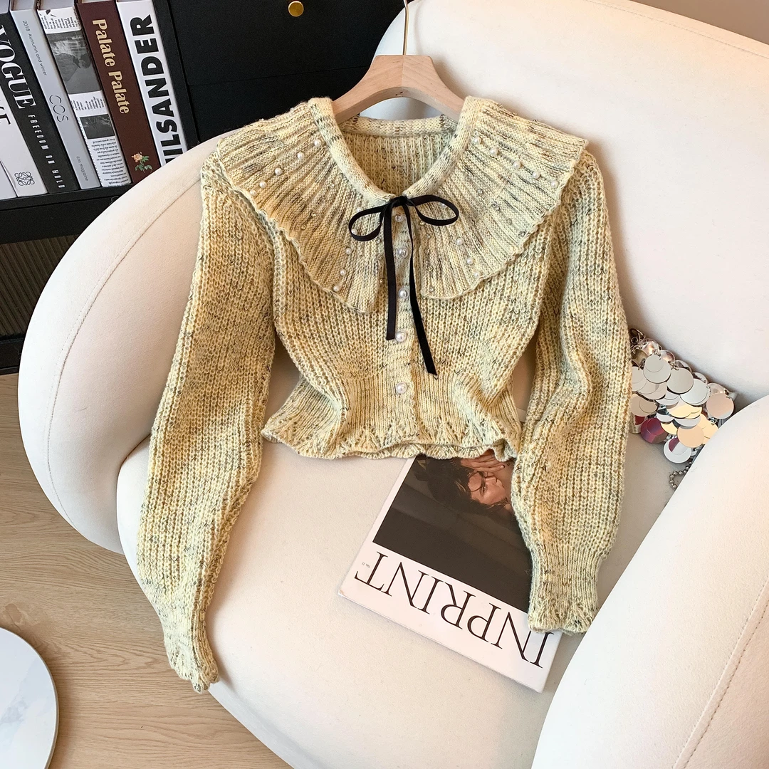 法式钉珠娃娃领毛衣女秋冬独特系带蝴蝶结短款针织开衫上衣