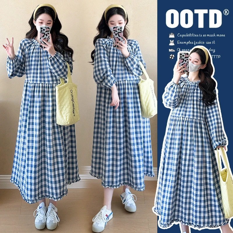 【kiki严选】2025新款春季显瘦格子孕妇连衣裙韩系小个子裙子宽松女