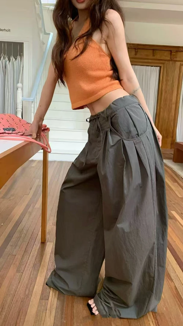 ins夏季复古美式松弛感抽褶阔腿低腰垂感宽松工装休闲裤