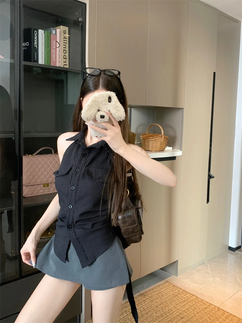 法式温柔风设计感条纹衬衫女装夏季新款法式露背收腰黑色无袖衬衣