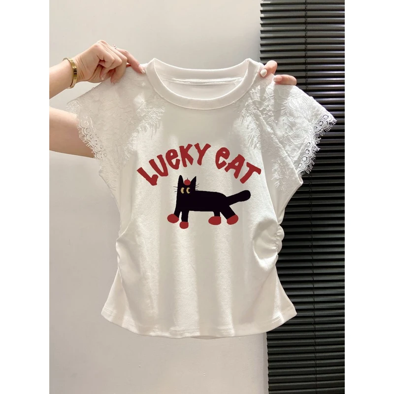 【ZHAP】蕾丝拼接圆领短袖t恤女白色爆款日系通勤百搭小众休闲显瘦