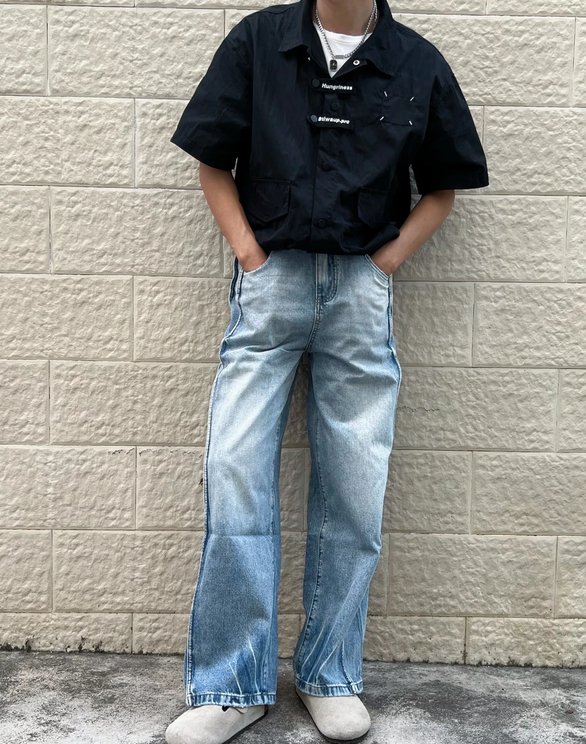 【QIGENIUZAI】侧边拼接立体猫爪纹阔腿弯刀牛仔裤男女宽松常规加长