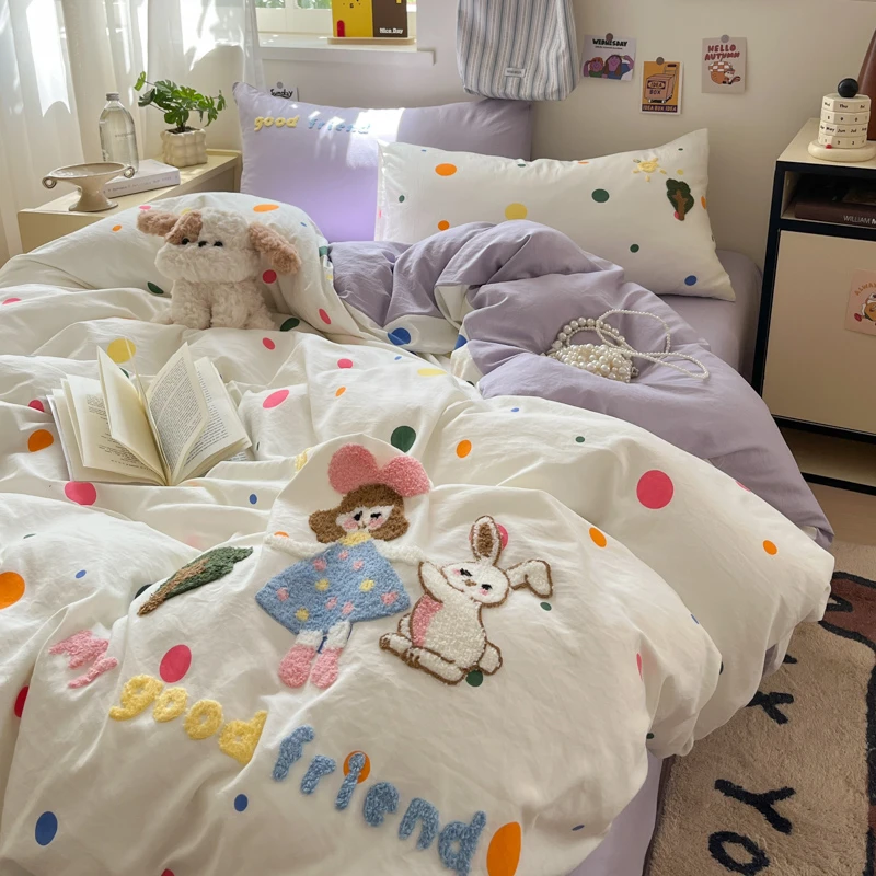 可爱卡通毛巾绣软糯水洗棉四件套亲肤柔软床单床笠宿舍床品套装