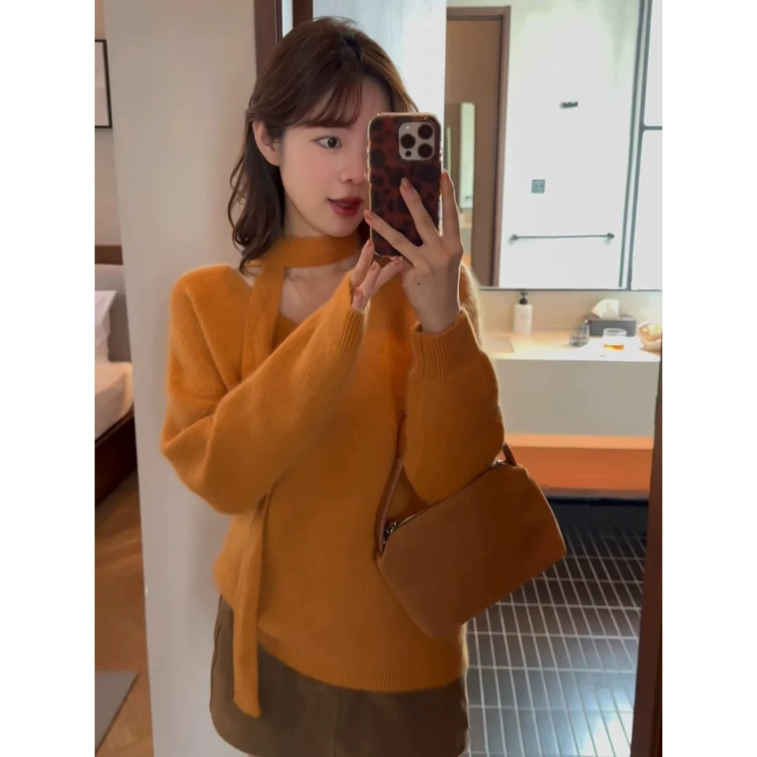 法式温柔风气质v领飘带软糯针织衫秋冬女慵懒风羊绒毛衣8001