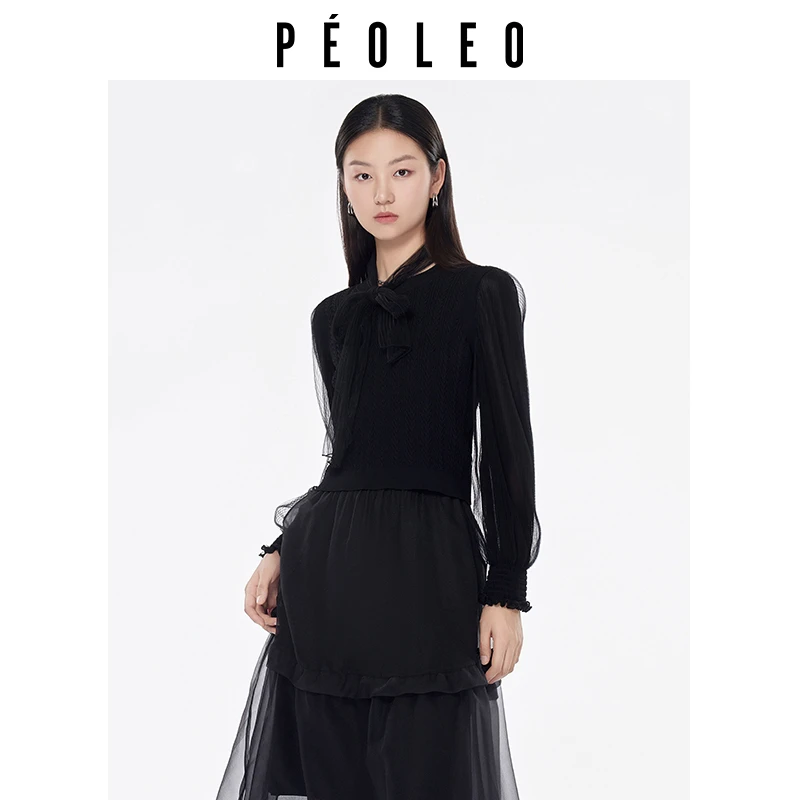 飘蕾秋季新款时尚通勤百搭显瘦黑色圆领蕾丝长袖上衣PK1107003