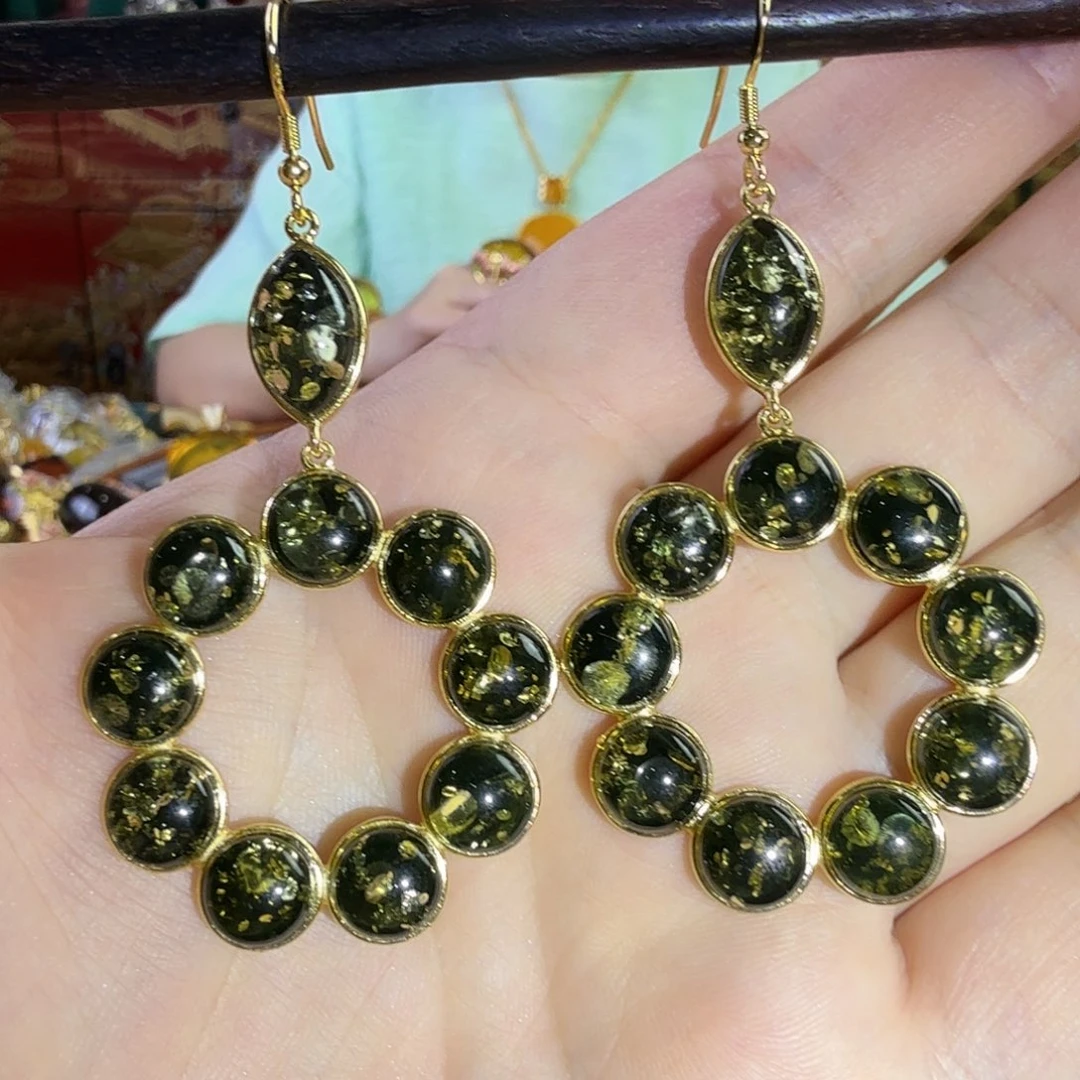 琥珀银S925镀金镶嵌耳环