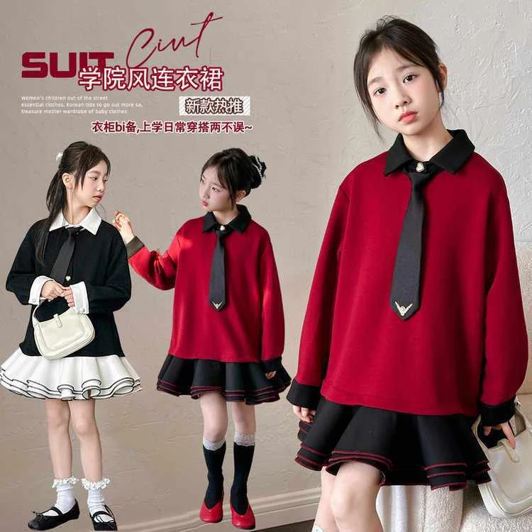 女童连衣裙秋装2025新款韩版中大童洋气拼接裙子春秋装女孩公主裙