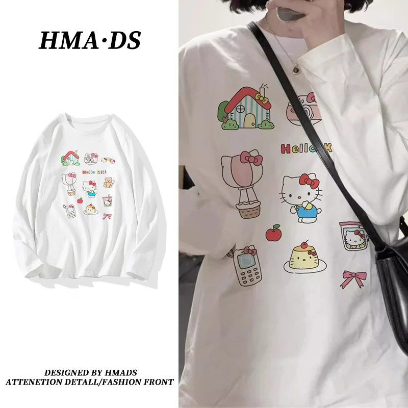 100%纯棉白色可爱卡通百搭早春夏季薄款宽松长袖t恤女ins潮牌上衣