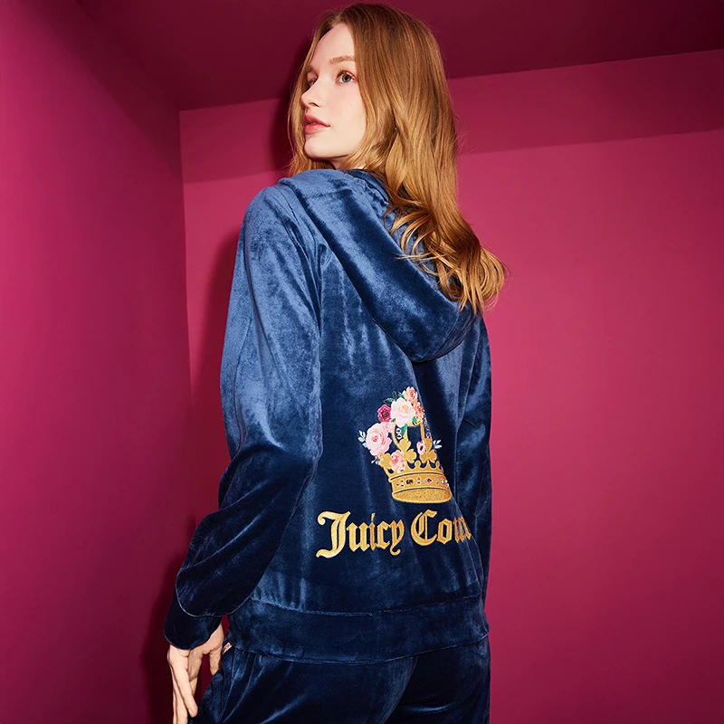 Juicy Couture橘滋2025秋款花团锦簇皇冠天鹅绒烫钻印花连帽外套
