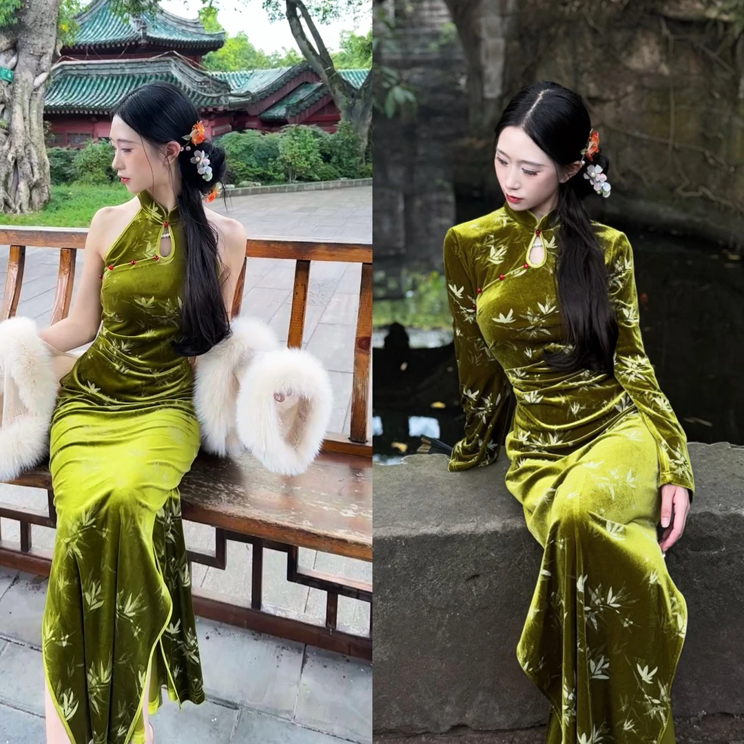 画报夫人原创自制新中式国风秋冬丝绒连衣裙旗袍  又绿江南
