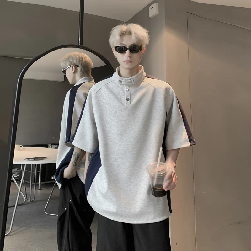 撞色拼接花灰色T恤男重磅立领短袖polo衫痞帅高级感美式复古半袖