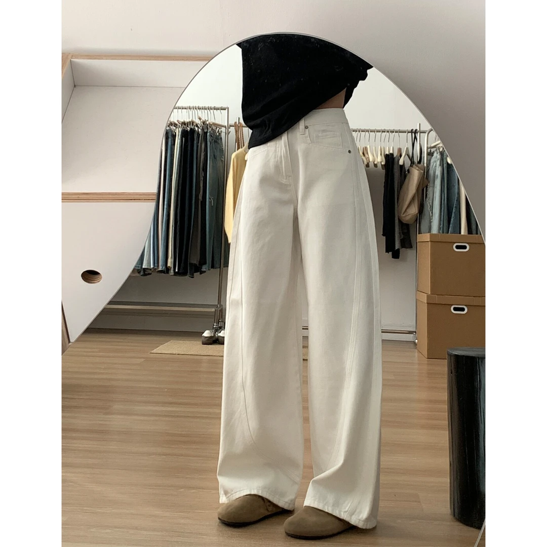 白色扭骨弯刀牛仔裤女2025秋季新款小众宽松高腰显瘦垂感阔腿裤子