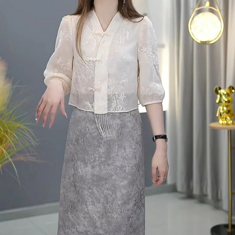 2025夏季新款中式国风气质优雅精致修身收腰显瘦拼接假两件连衣裙