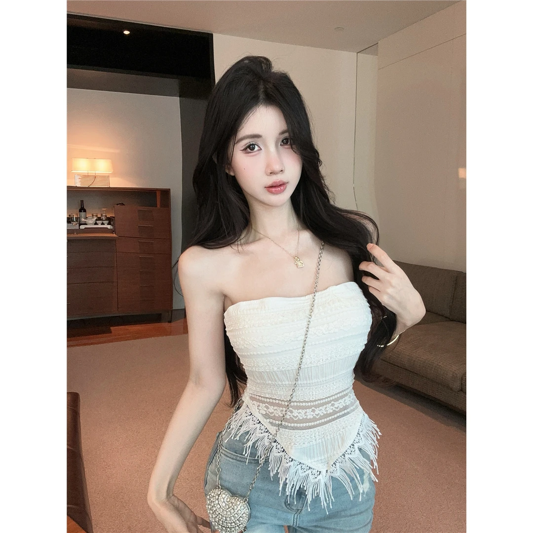 纯欲风性感蕾丝流苏抹胸背心女夏季小众气质收腰无袖外穿内搭上衣