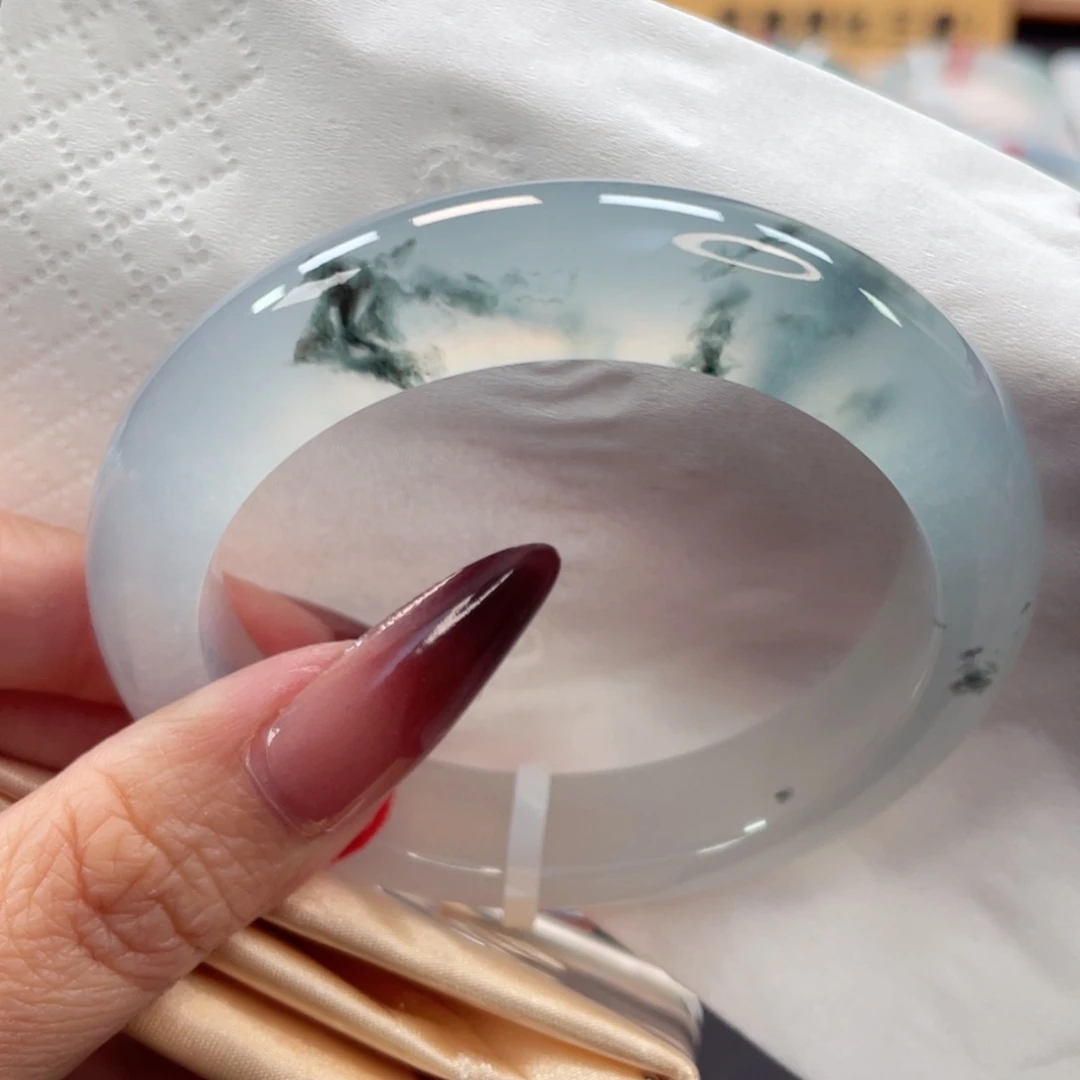 未镶嵌手镯翡翠18号54.8高冰清透白水是乌鸡水墨花