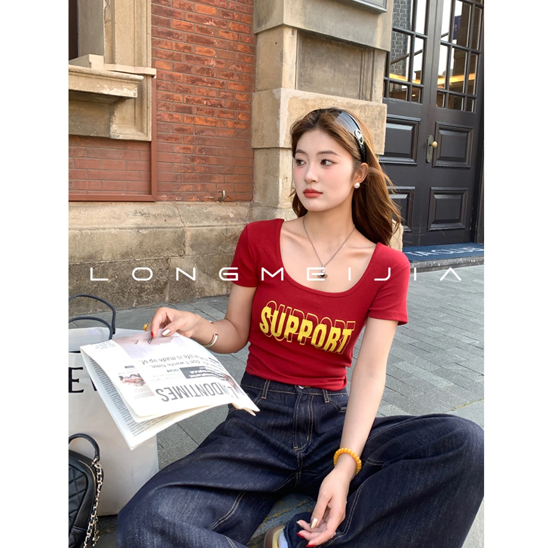 红色美式方领正肩短袖T恤女2025夏设计感修身短款辣妹上衣