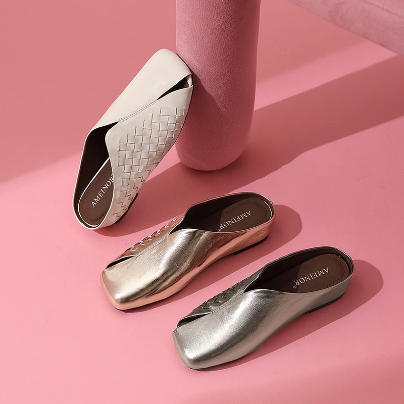 【现货】AMEINOR2025夏季新款编织亮面皮贩头镂空舒适一脚蹬拖鞋