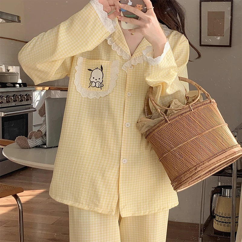2025年春秋长袖睡衣女花边泡泡棉布格纹甜美可爱卡通家居服套装秋