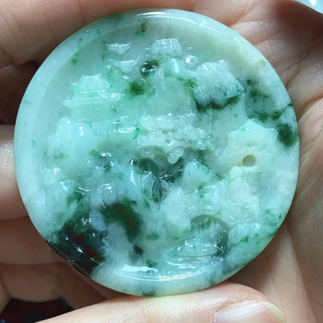 翡翠未镶嵌颈饰飘花山水牌