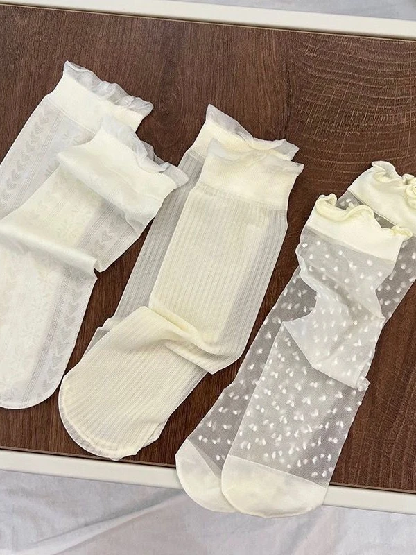 白色蕾丝花边夏季薄款木耳边堆堆袜春夏袜子女冰丝短袜无根透气