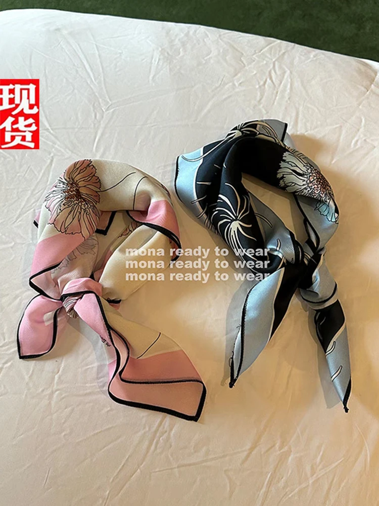 MONA 仿丝绸 斜纹数码印花小方巾搭配穿搭 2024新款百搭