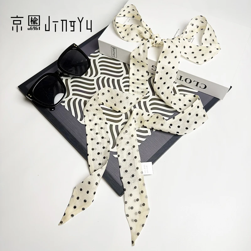 京榆 丨波点丨双层100%桑蚕丝乔其纱小丝巾绑发带长飘带3.5*185cm