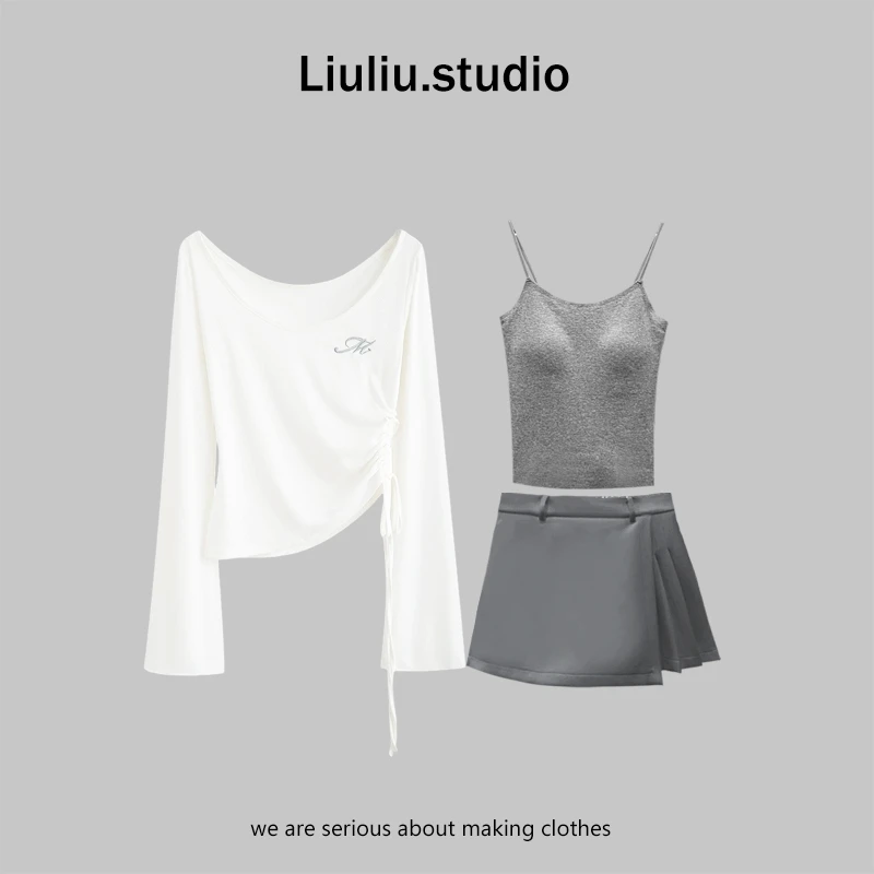 LiuLiu定制【清凉一夏】纯色不规则抽皱防晒上衣+背心+裙裤三件套