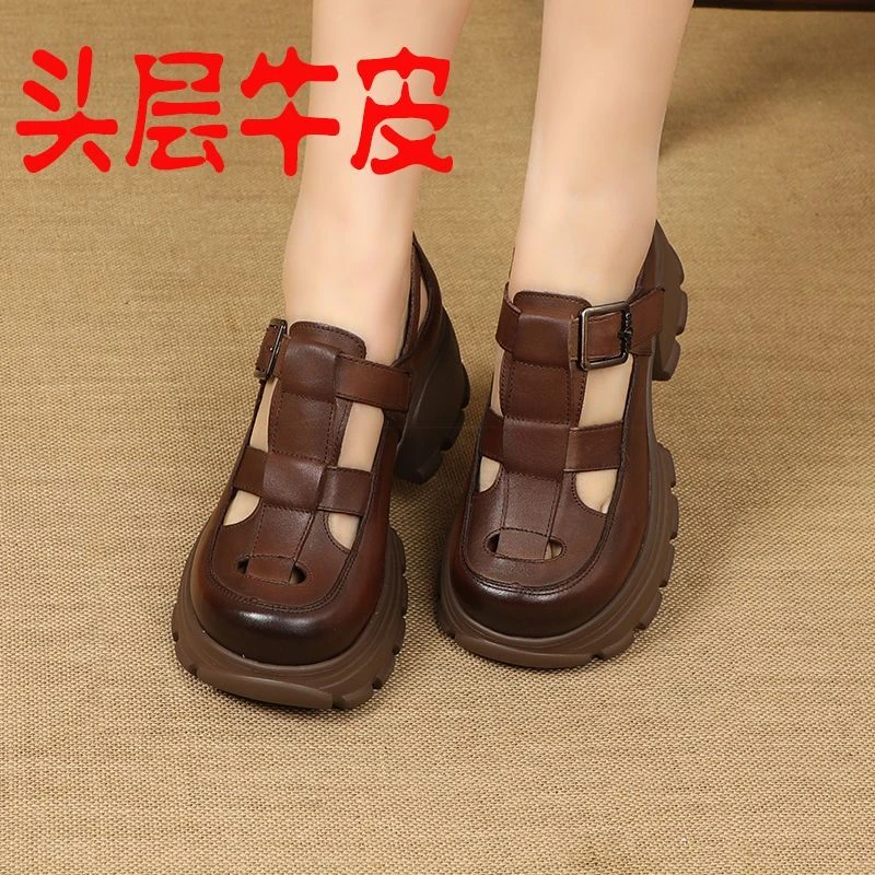 粗跟罗马凉鞋女夏真皮包高跟复古女鞋厚底透气镂空全牛皮松糕鞋